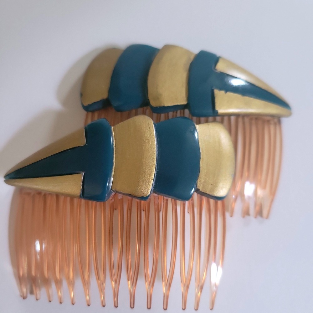 Vintage 80s Geometric Teal Gold Hair Combs Set of 2 Large 3.25in Art Deco